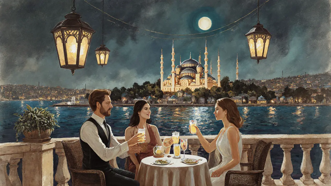 Elegant rooftop bar overlooking the Blue Mosque and Bosphorus at night, guests toasting with rosewater drinks.