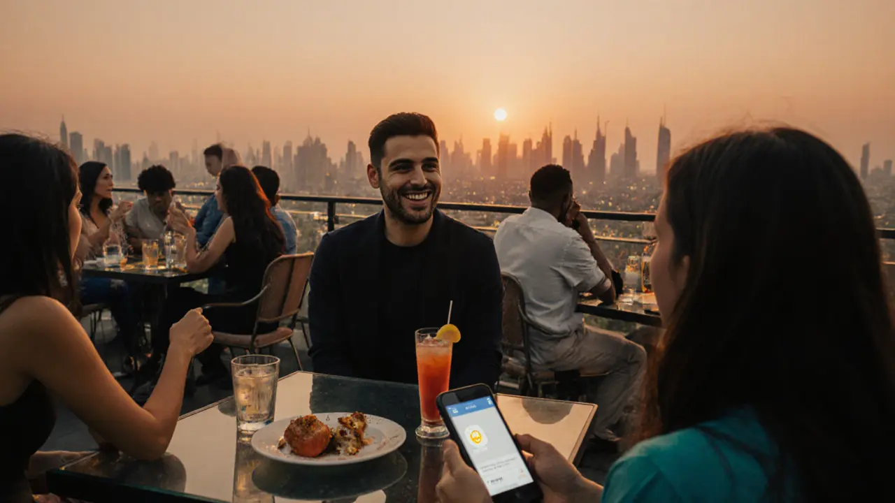 Expats socializing at a Dubai rooftop lounge, enjoying conversation and city views at sunset.