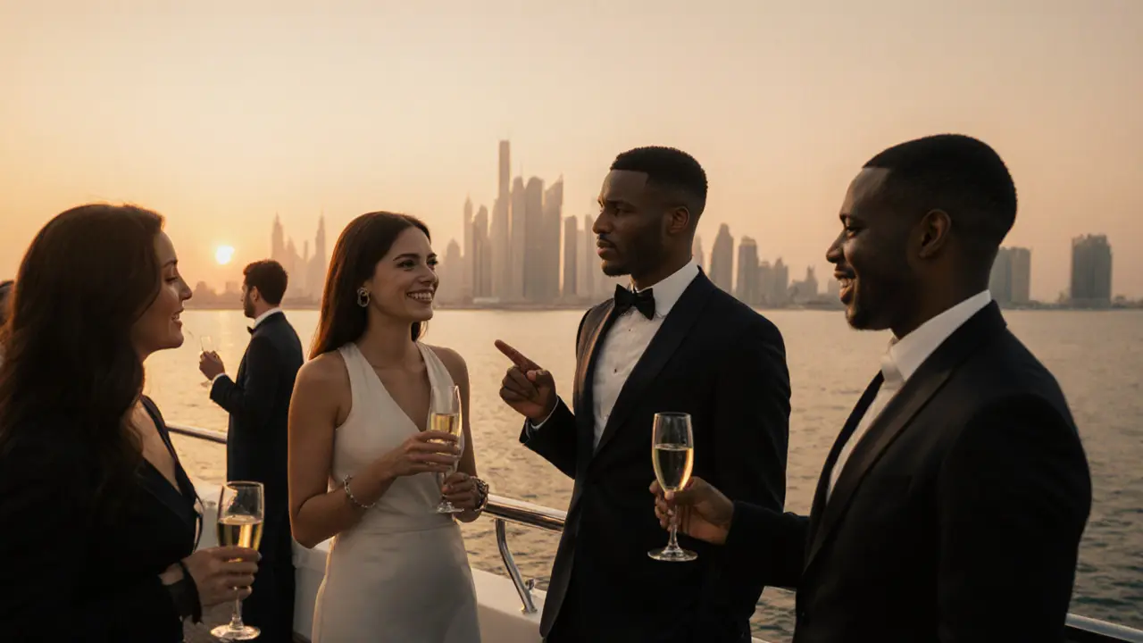 Guests socializing on a luxury yacht at sunset in Abu Dhabi, one companion engaging in conversation with a guest.