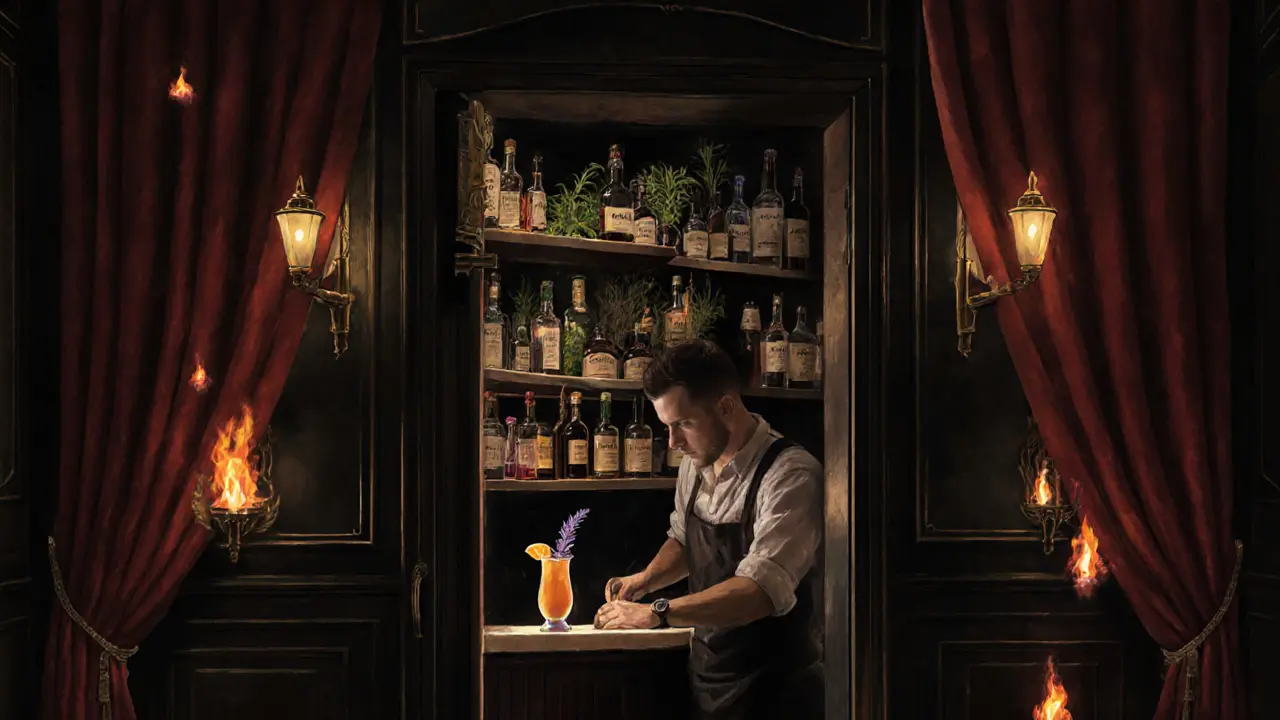 Hidden speakeasy bar behind a fridge door, patrons sipping crafted cocktails in dim, intimate lighting.