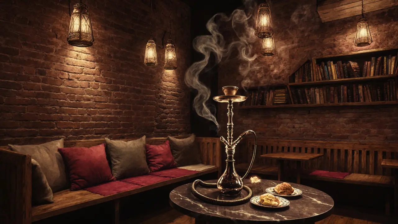 Industrial-style shisha space with brick walls, lanterns, and shelves of books, smoke curling from a flavored hookah.