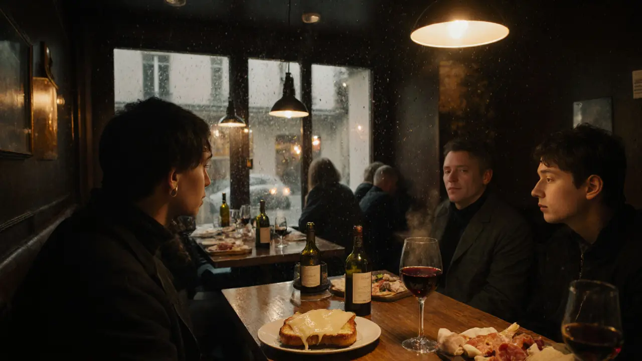 Locals chatting over wine and food in a rustic Parisian bar late at night.