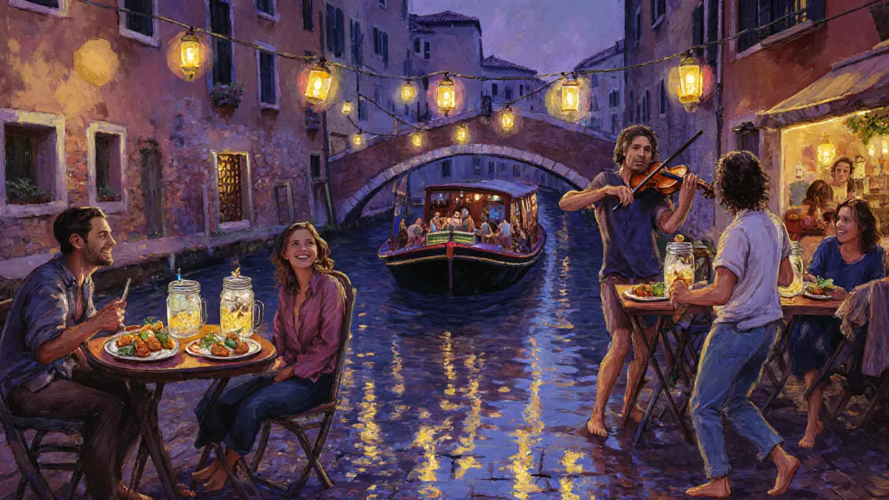 Navigli canal at night with string lights, dancing crowds, and floating barboats.