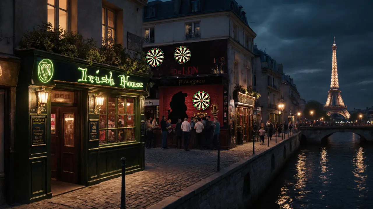 Nighttime artistic blend of three iconic Paris pubs connected by cobblestone streets and lamplight.