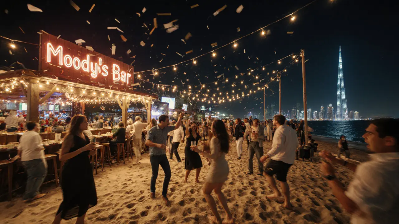 Nighttime beach party at JBR with dancing crowd, ocean lights, and Burj Khalifa glowing in the distance.