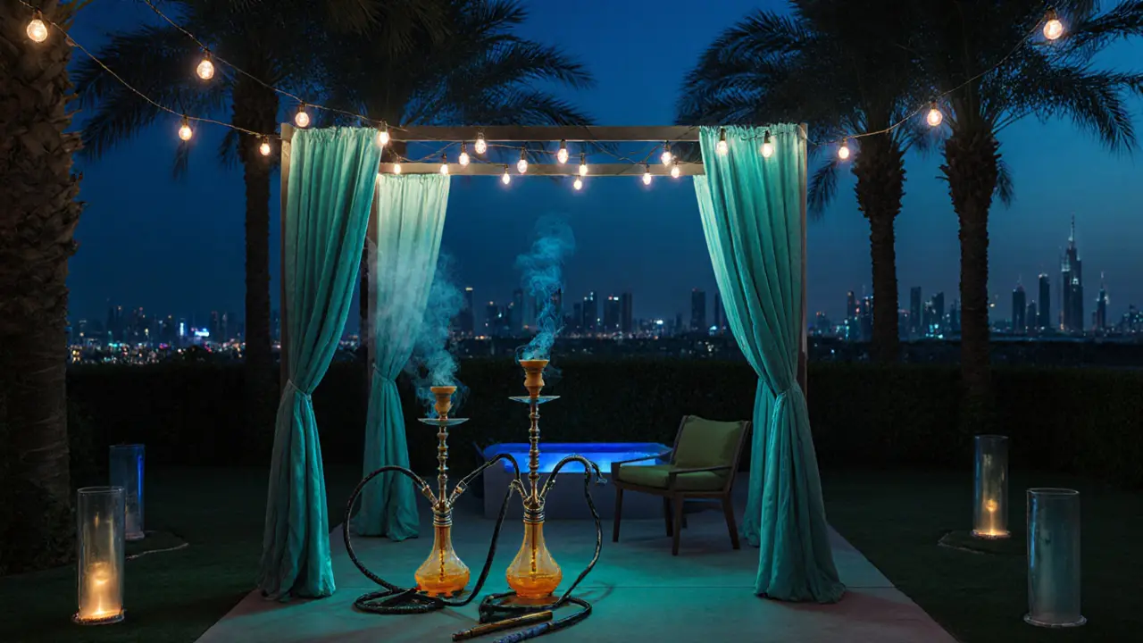 Private outdoor garden pod at night with string lights, palm trees, and a hookah, Dubai skyline in the distance.