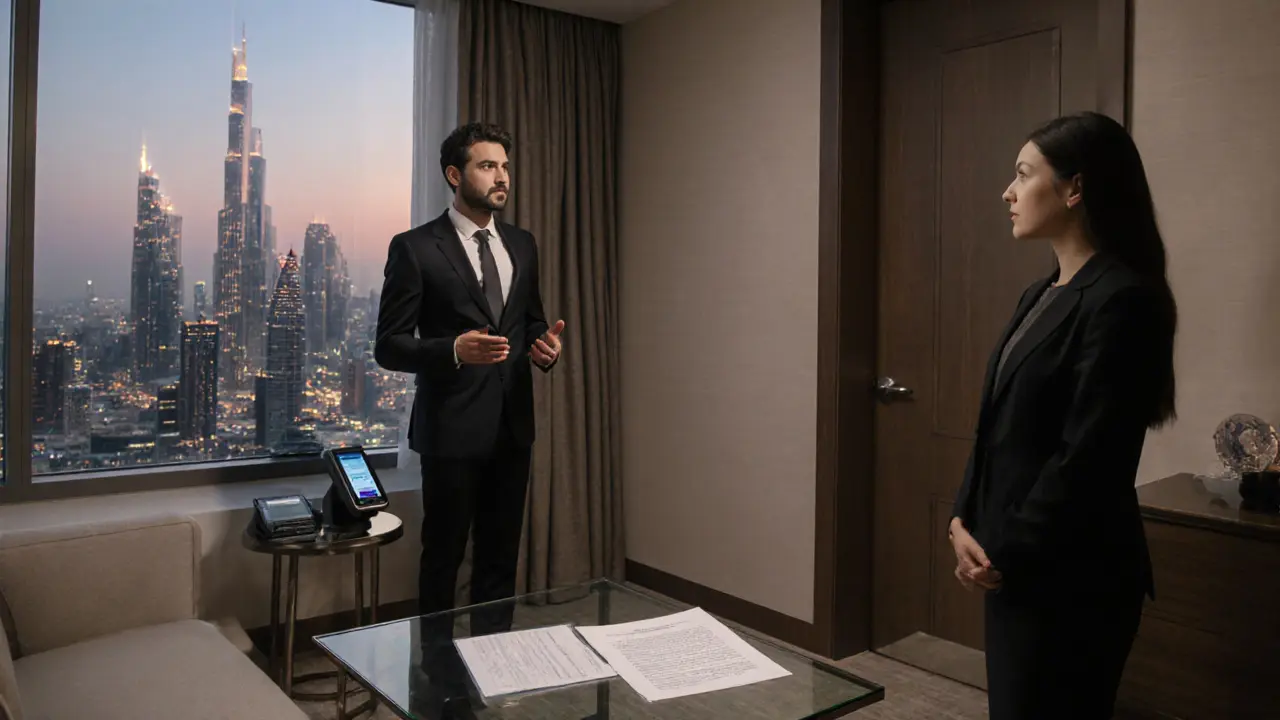 Professional companion and client in a hotel suite, digital payment terminal and agreement visible