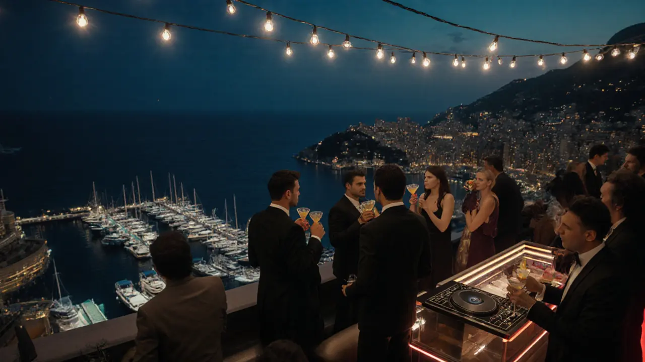 Rooftop lounge at Le Palace with panoramic harbor views, guests in stylish attire under string lights.