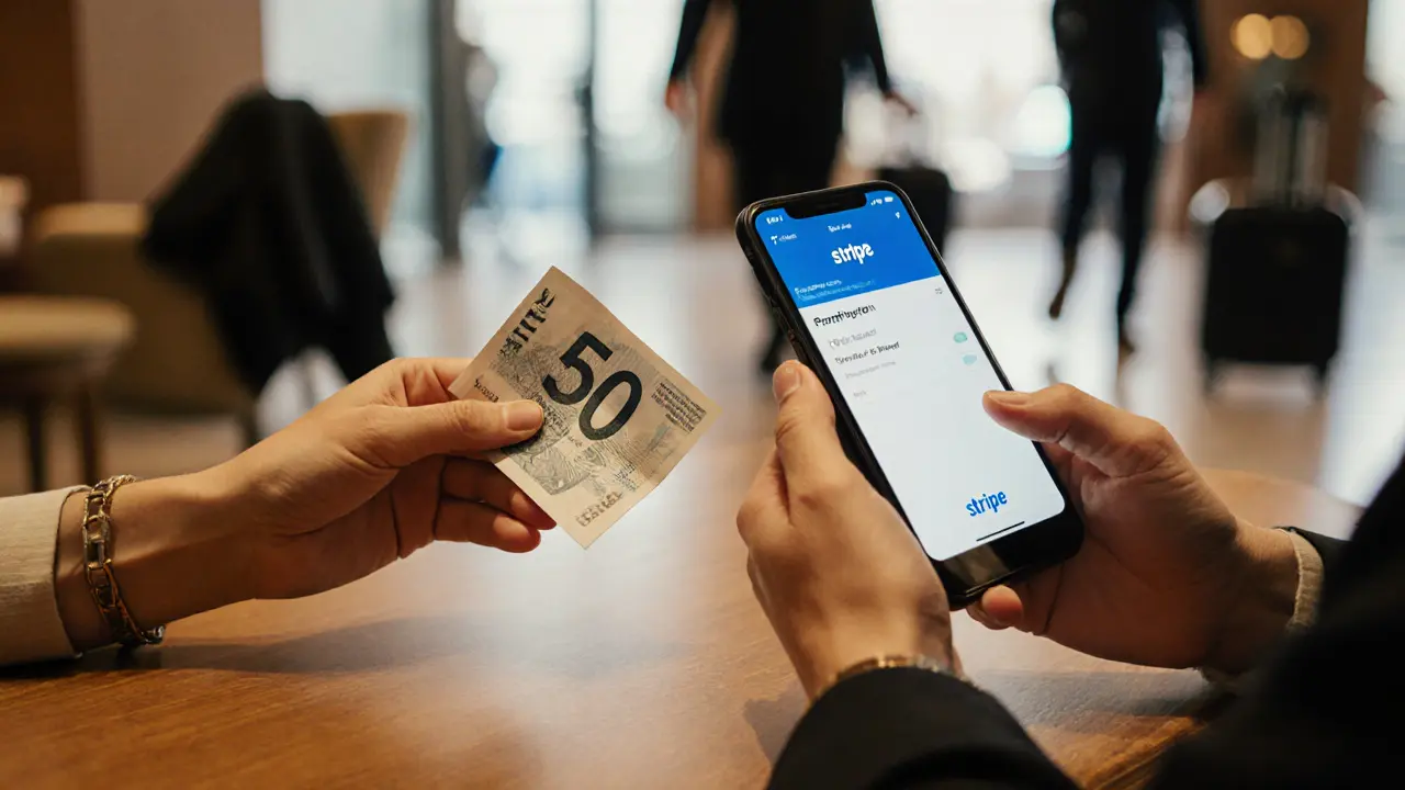 Secure payment exchange in a hotel lobby, emphasizing trust and safety.