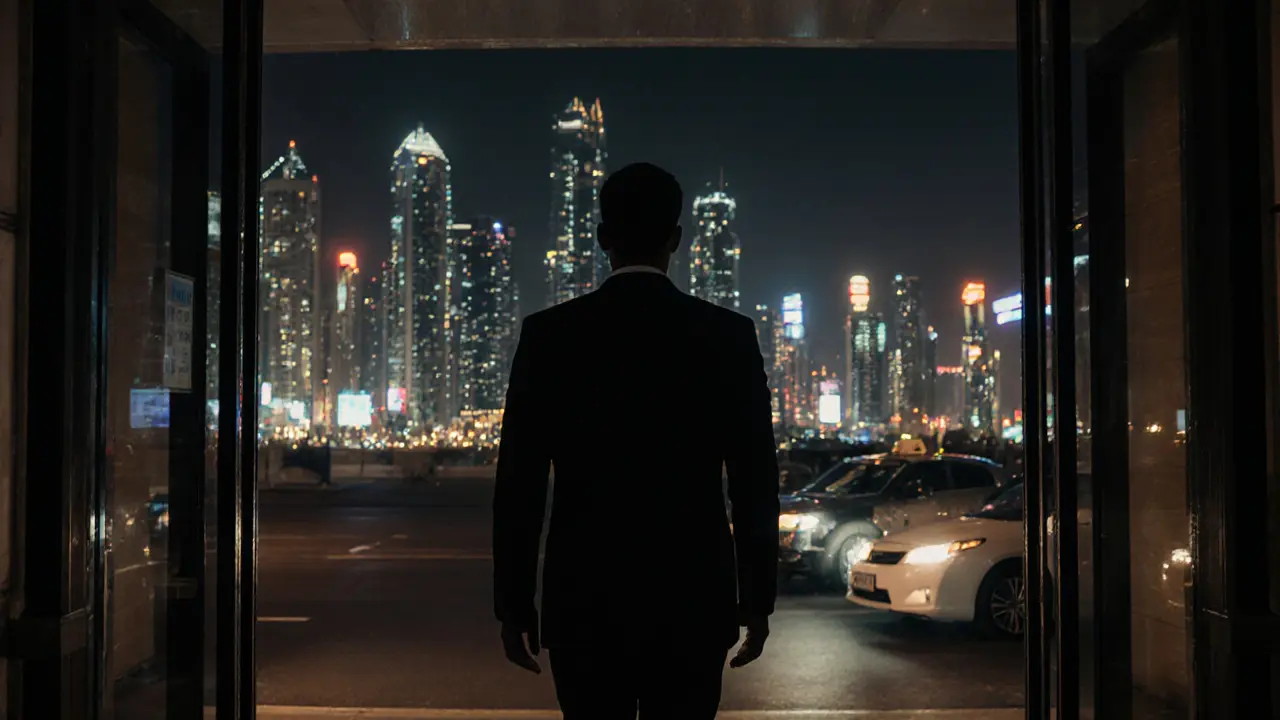 Silhouette walking away from luxury hotel at night, city lights behind, no devices visible.