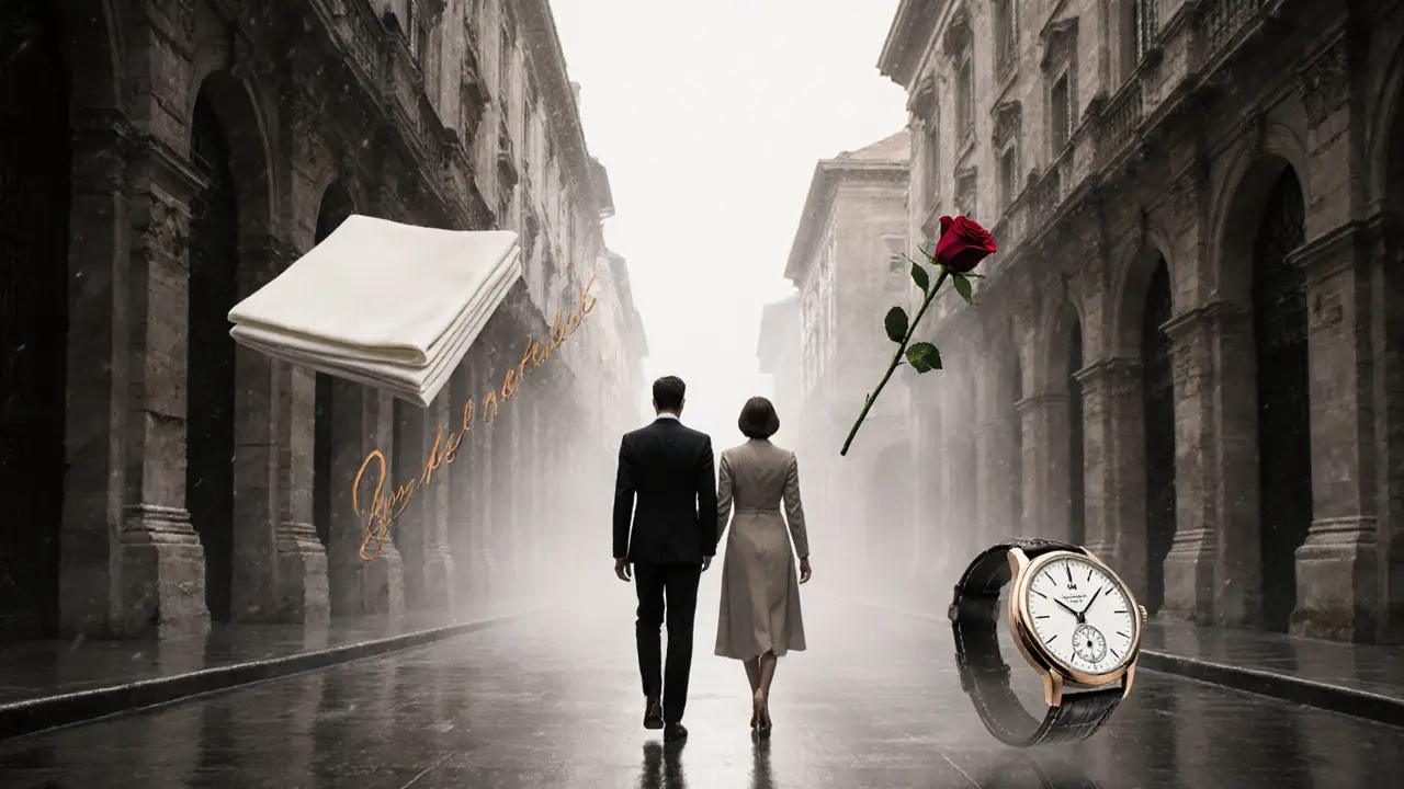 Silhouettes of a couple walk through a misty Milan alley, surrounded by abstract symbols of refined style and respect.