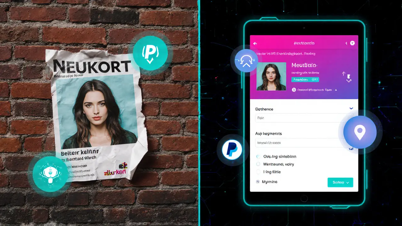 Split-screen: old escort flyer next to a digital profile with payment and privacy icons.
