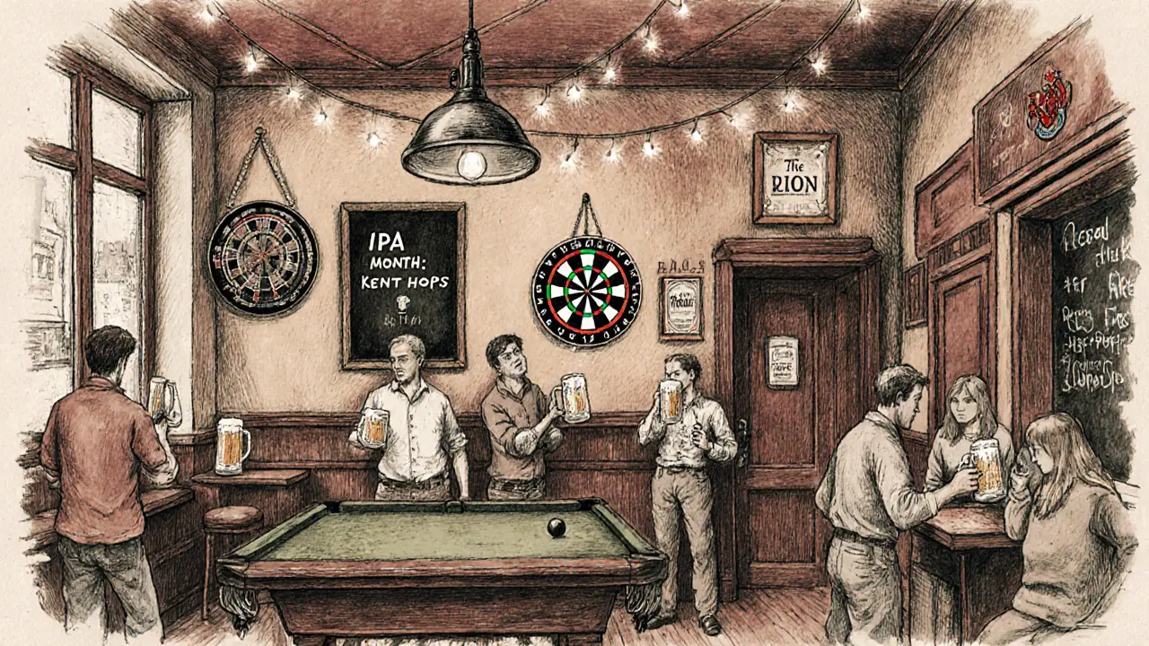 The Red Lion British pub with dartboards, cask ales, and patrons playing darts in warm lighting.