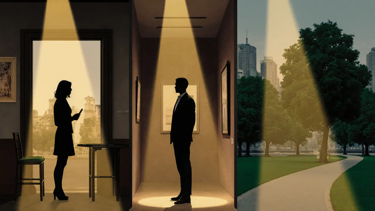 Three abstract figures stand in separate serene Berlin settings—café, museum, park—symbolizing diverse forms of companionship.