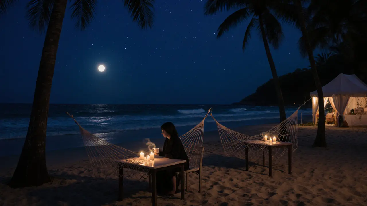 Tranquil Kite Beach at dawn, lone person sipping tea by candlelight as waves whisper against the shore.