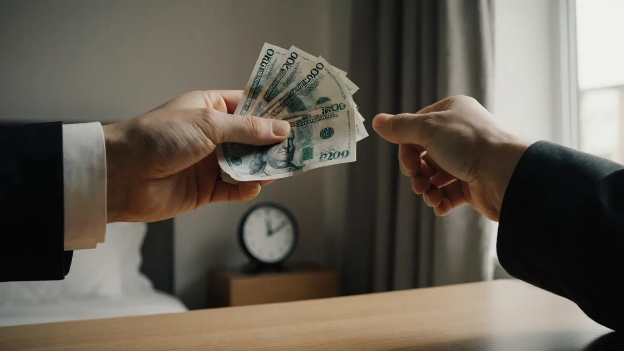 Two hands exchange cash in a quiet room—crisp bills on wood, one hand closing over them—symbolizing fair payment and professionalism.