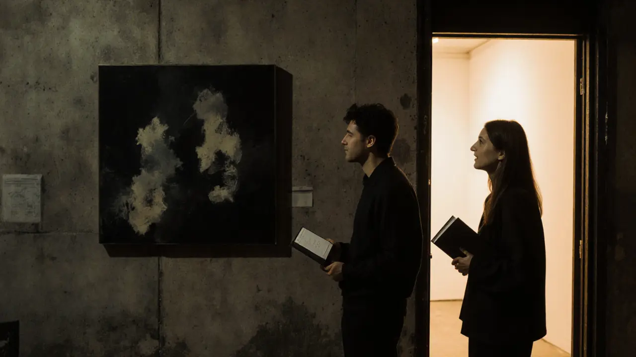Two individuals standing together admiring art in a quiet gallery at Alserkal Avenue after dark.