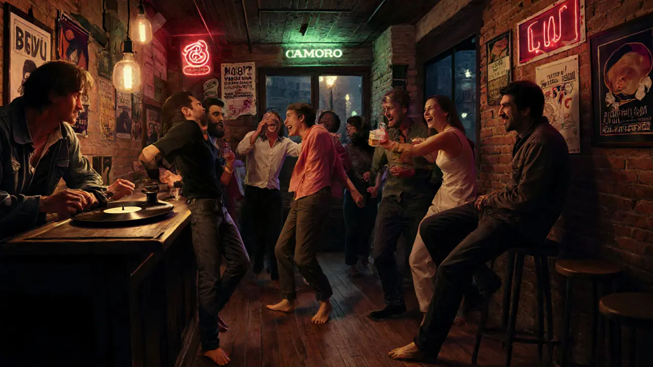 Underground bar in Porta Venezia with vinyl records, political posters, and people dancing in low light.