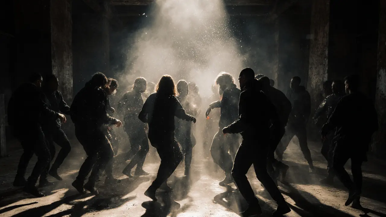 Underground club Magazzini Generali, silhouetted dancers moving to techno in dim light.