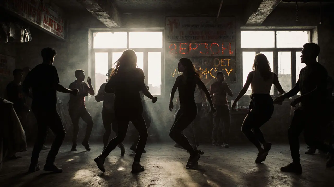 Underground warehouse club in Moda where dancers move to pulsing bass as dawn light breaks through the windows.