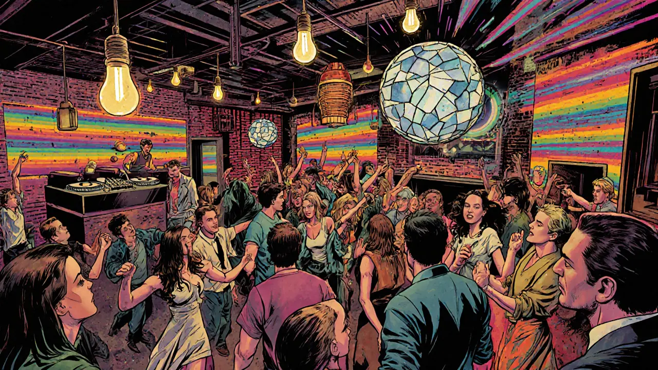 Vibrant underground club with dancing crowd, industrial decor, and neon lights pulsing to music.