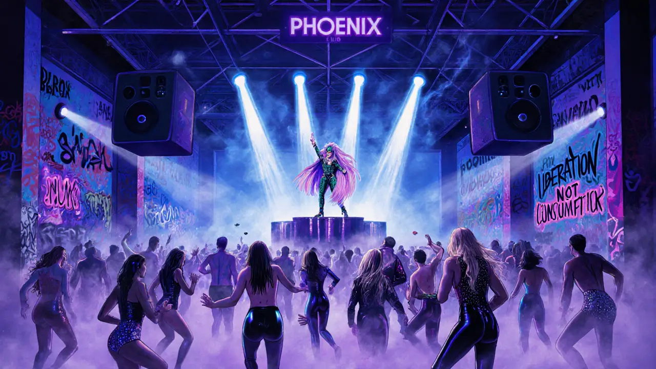 Warehouse rave at Phoenix in Vauxhall with strobe lights, leather and glitter crowds, and drag performance.