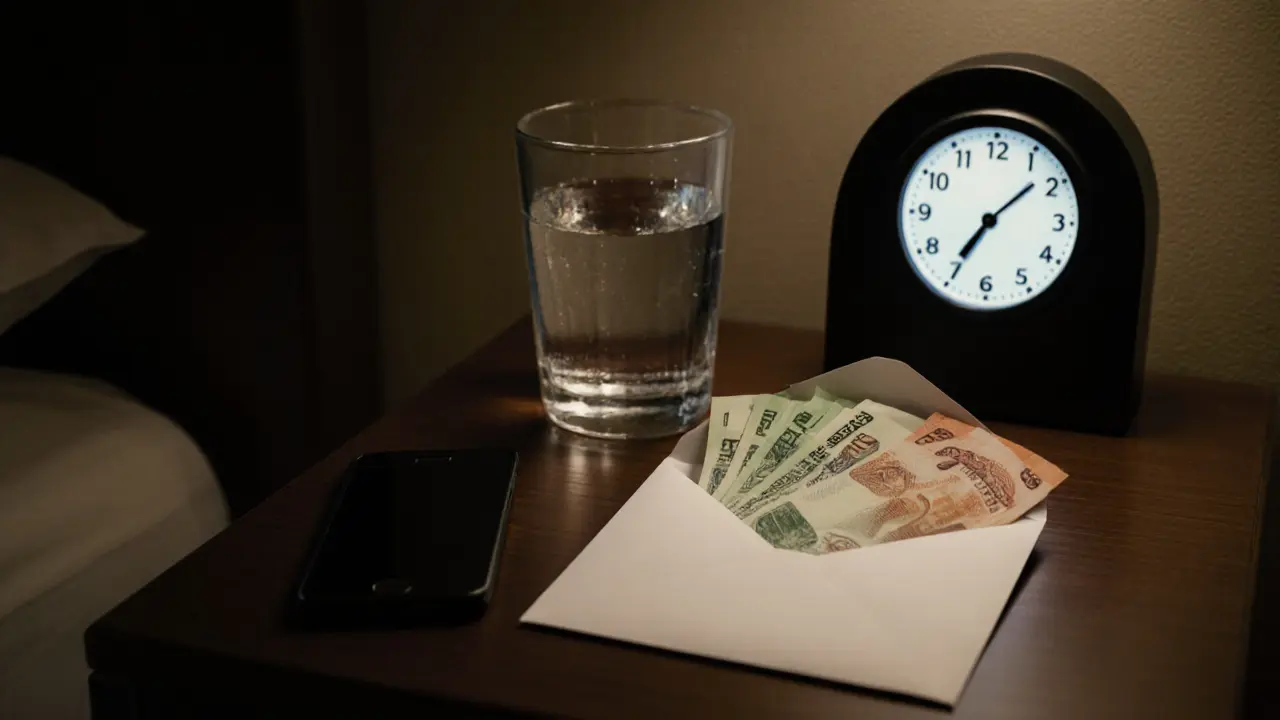 White envelope with cash on hotel nightstand beside turned-off phone and clock.