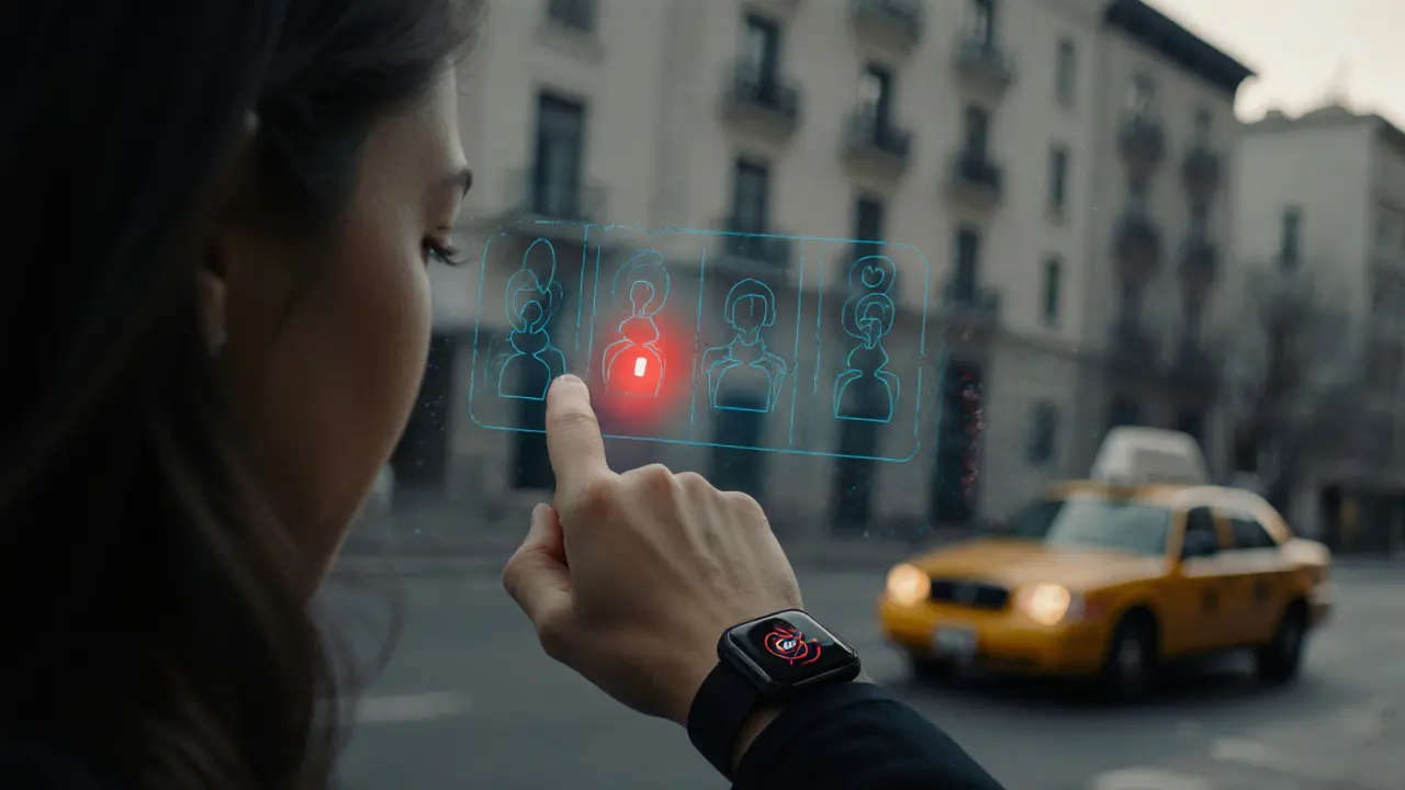 Woman pressing a safety alert on her smartwatch with live location sharing visible.