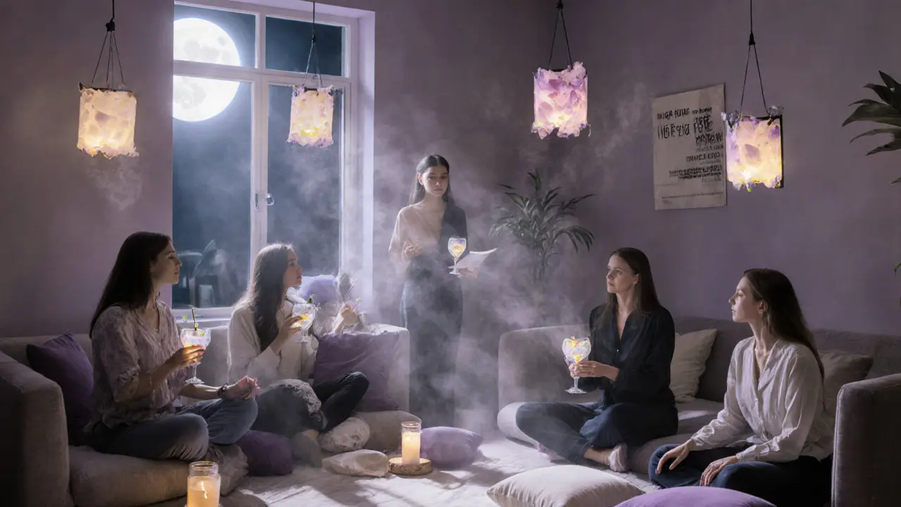 Women relaxing at a sober night event with mocktails, lanterns, and poetry.