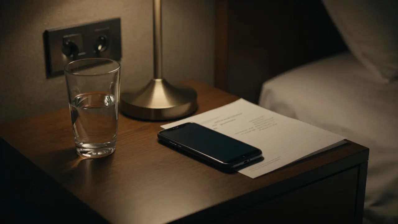 A burner phone on a hotel nightstand in Milan, lit by soft lamplight, with a glass of water and handwritten note nearby.