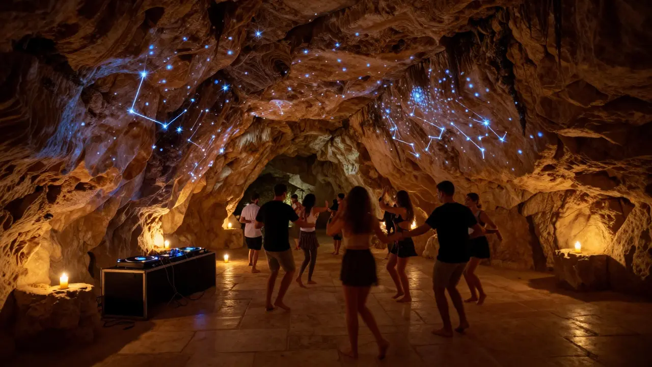 A cave disco with glowing constellations on stone walls, people dancing barefoot to vintage vinyl.