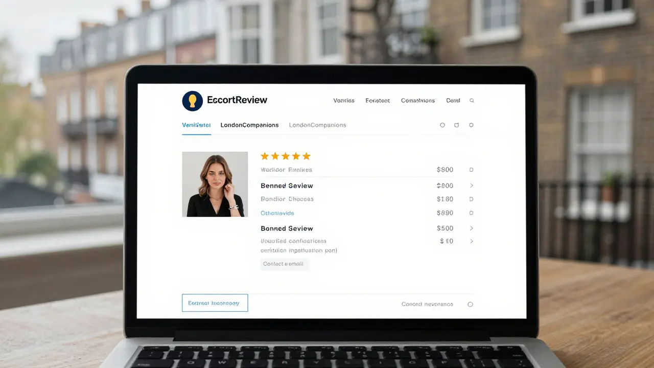 A clean escort profile on a laptop with verified reviews and clear contact details.
