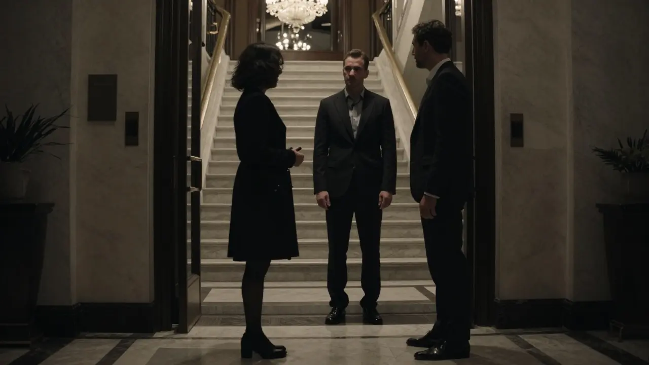 A client meets a companion discreetly in a luxurious hotel lobby at night, surrounded by marble and chandeliers.