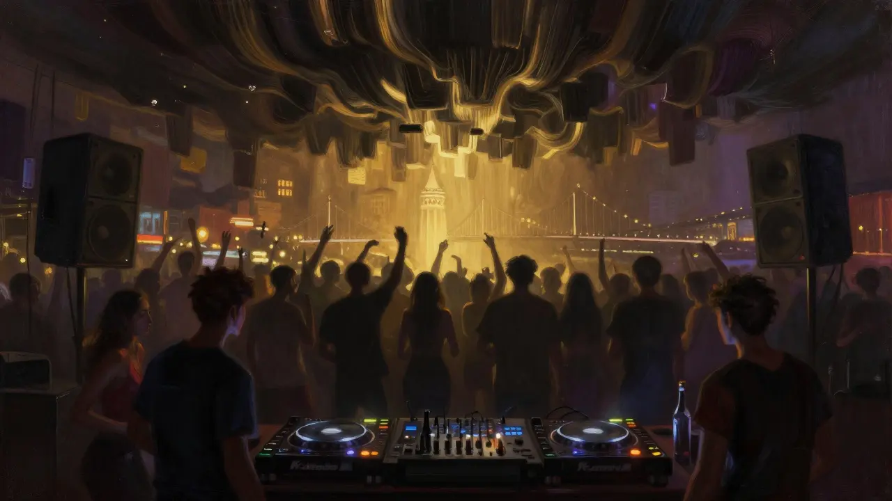 A crowded nightclub dance floor with bass vibrations visible, silhouetted dancers under glowing speakers.