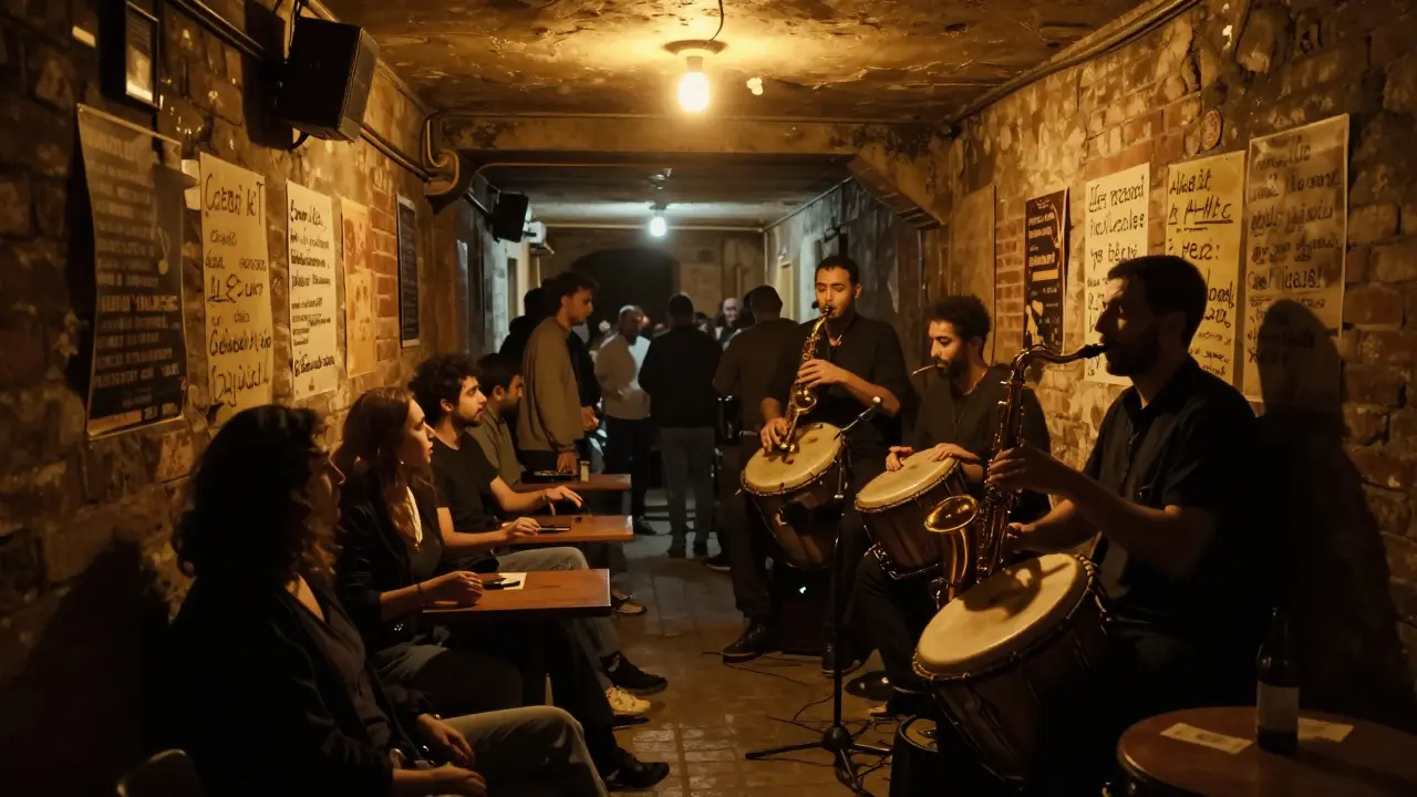 A dim underground music venue with musicians playing saxophone and darbuka, crowd swaying in shadow.