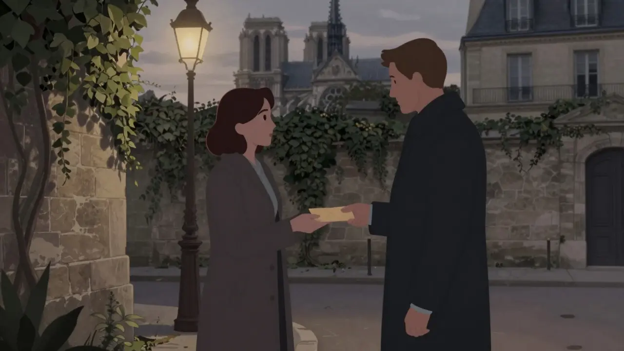 A discreet exchange in a hidden Paris courtyard at dusk, figures partially obscured, no money or devices visible, atmosphere of trust.