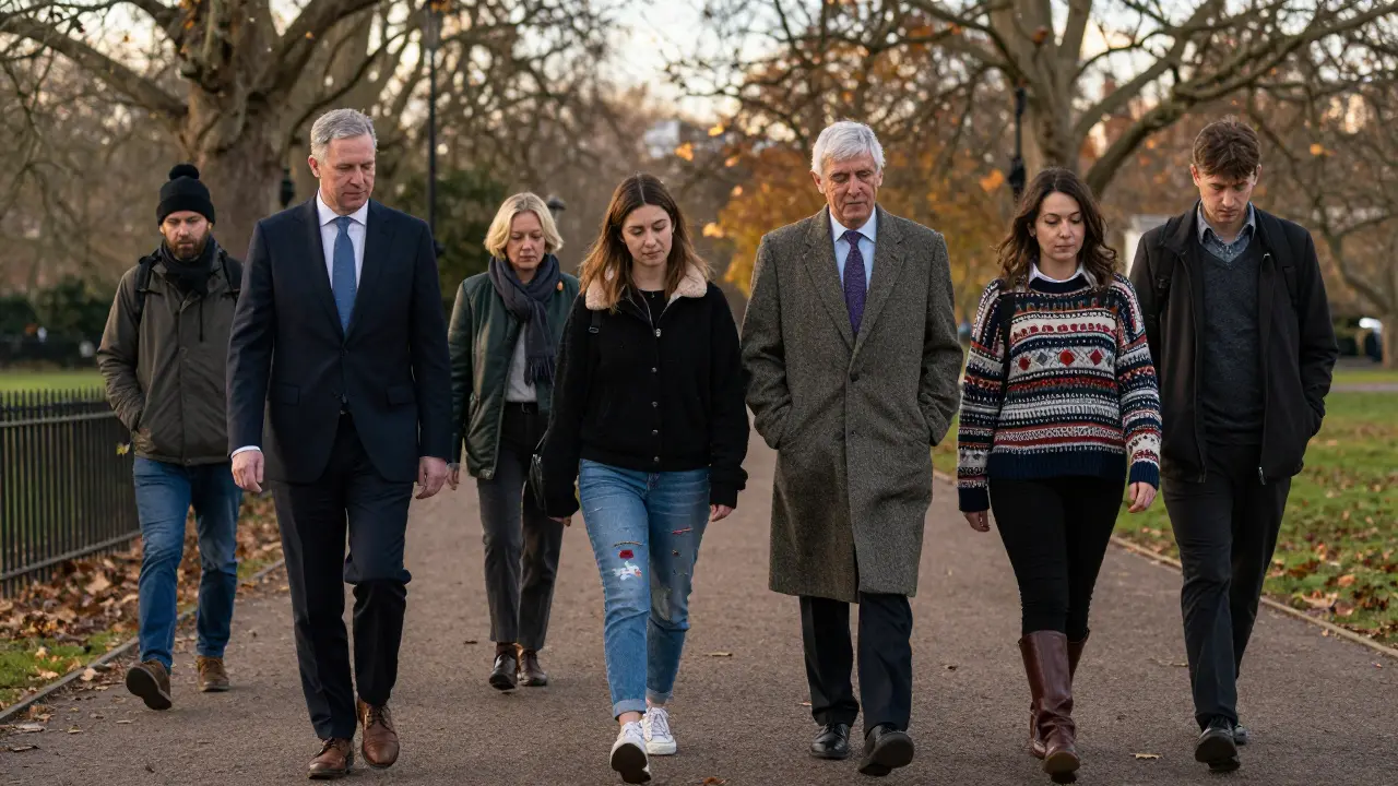 A diverse group walks peacefully through Hyde Park with an escort, golden light filtering through autumn trees.