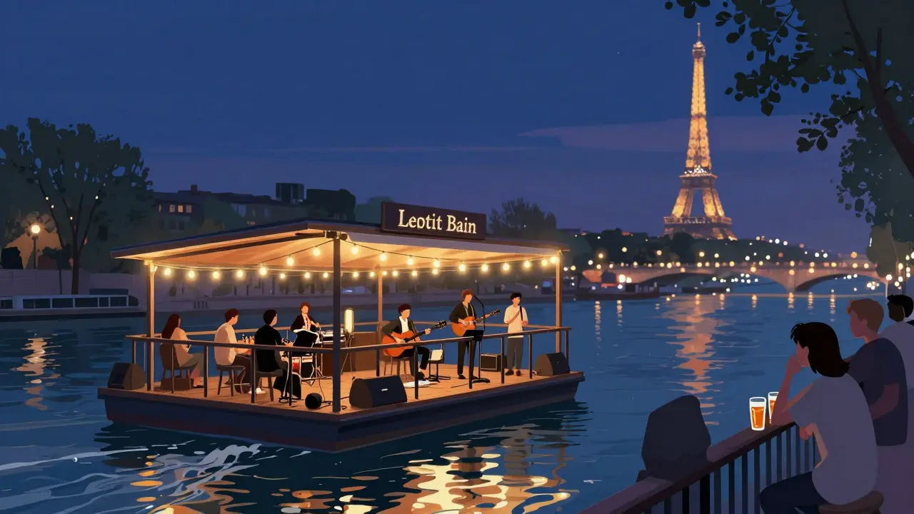 A floating music venue on the Seine at night, lit by string lights, with patrons enjoying live indie music under the stars.