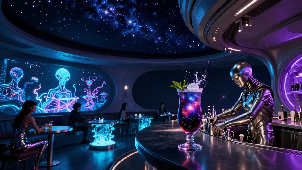 A futuristic space bar with holographic alien landscapes and a robotic bartender serving glowing cocktails.
