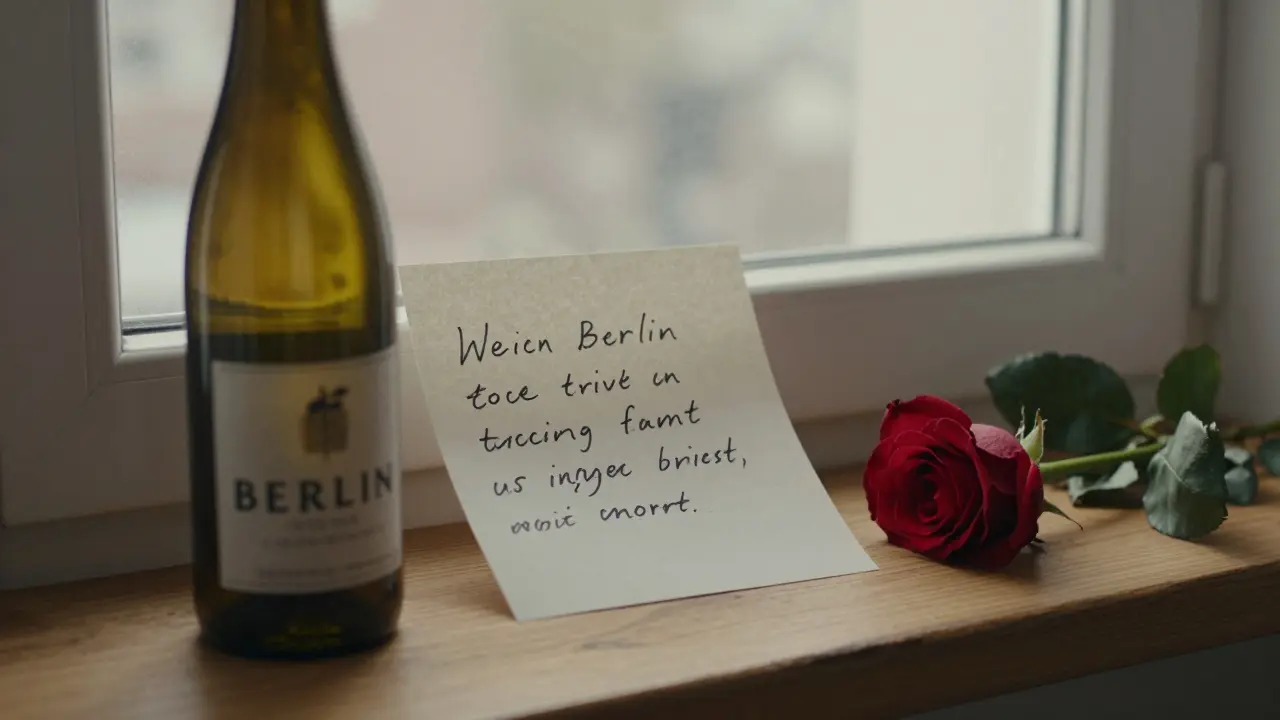 A handwritten note rests beside a bottle of wine and a rose on a windowsill in morning light.