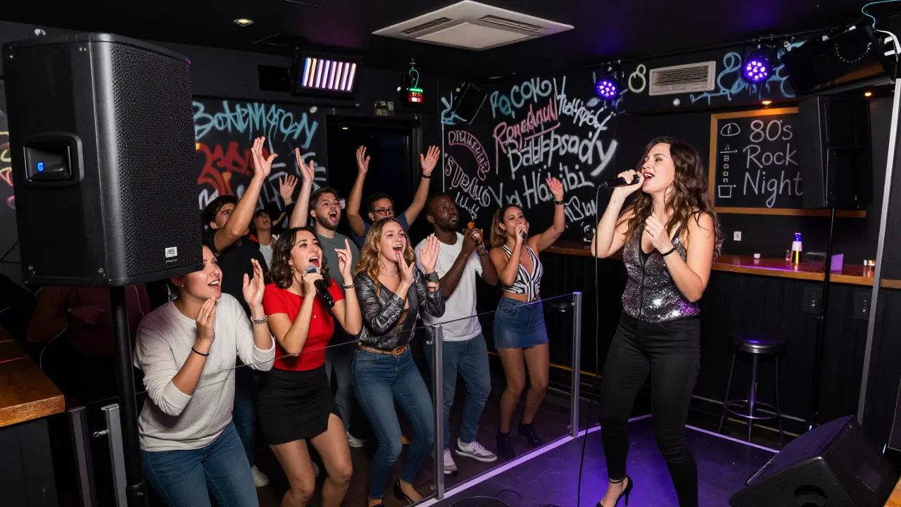 A lively karaoke performance under dynamic stage lights with a crowd cheering in the background.