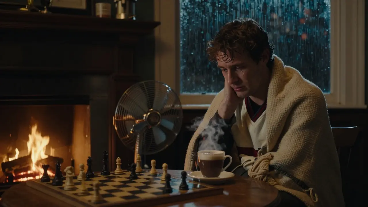 A lonely fan finds comfort in The Quiet Man pub after a loss, wrapped in a blanket by the fireplace.