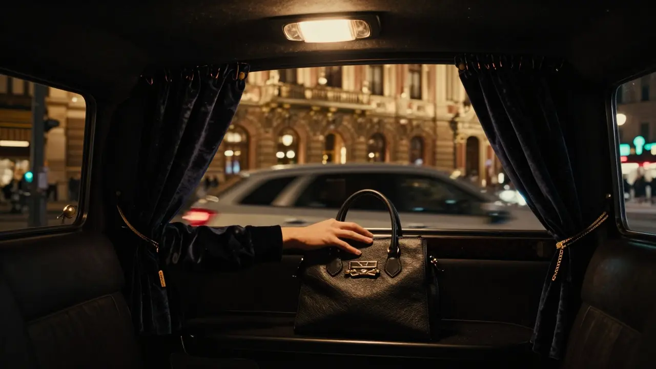 A luxury limousine passes La Scala opera house at night, interior softly lit.
