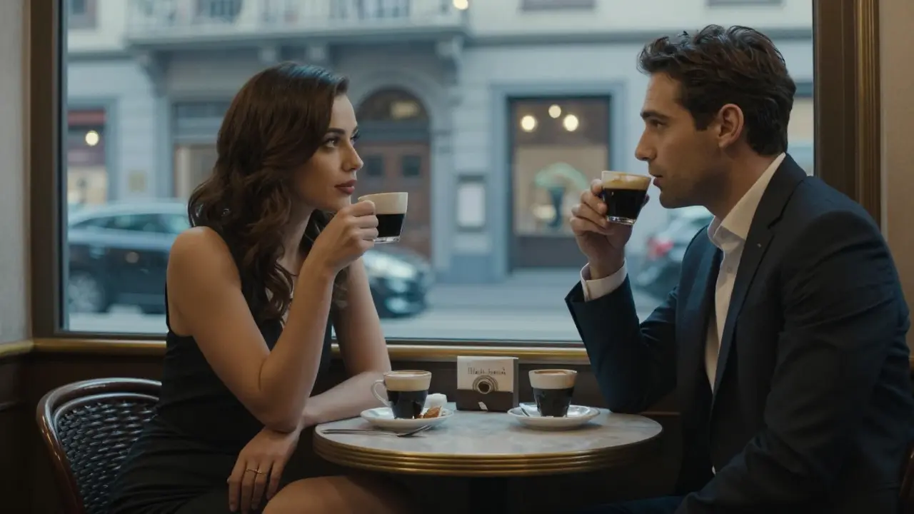 A man and woman sit at a café near La Scala, sharing a quiet moment over espresso in elegant surroundings.