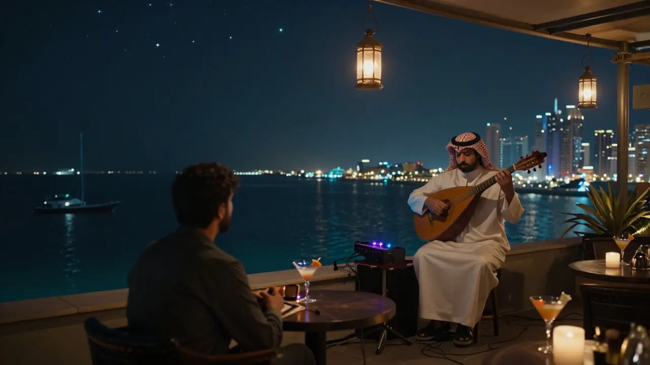 A person on a rooftop overlooking the sea as a musician plays oud under soft lanterns and starlight.