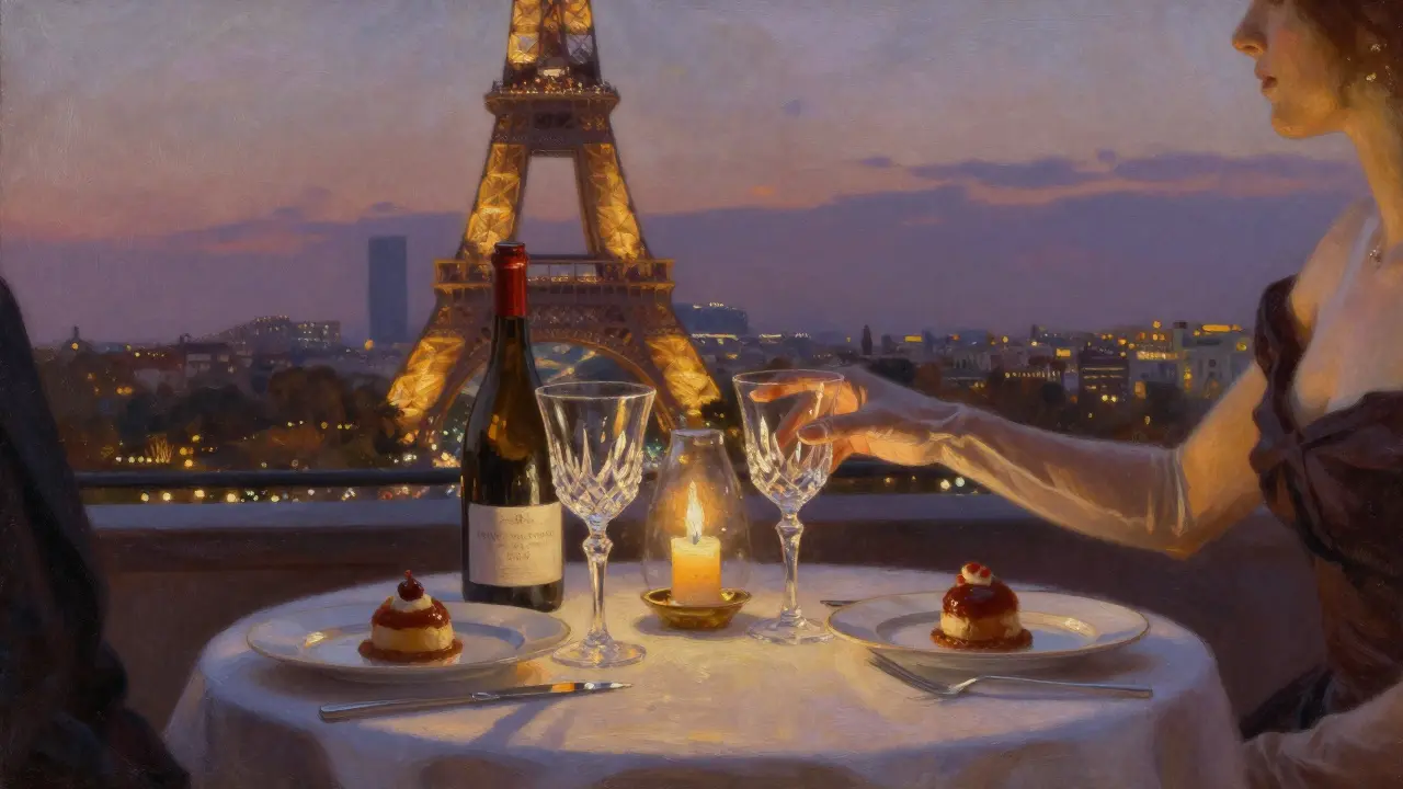 A private dinner on the Eiffel Tower at dusk, candlelight glowing on fine china with the city lights below.