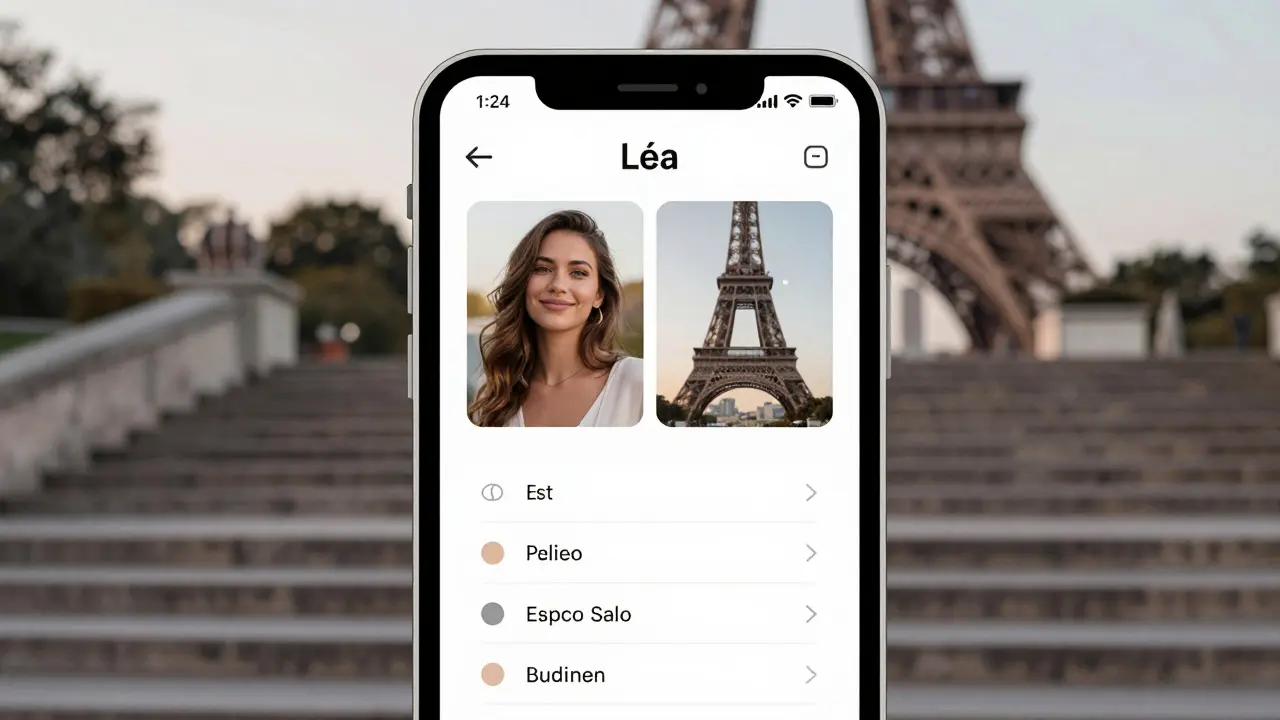 A private escort profile on a smartphone shows an elegant woman beside the Eiffel Tower.