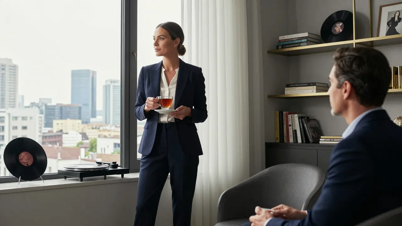 A professional woman and client sit silently in a luxurious Milan apartment, tea steaming between them.