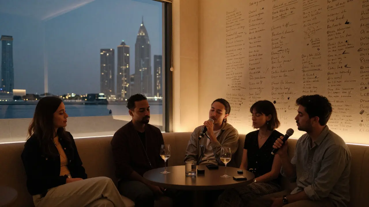 A quiet group enjoying an intimate karaoke session with handwritten lyrics on the wall and no phones in sight.