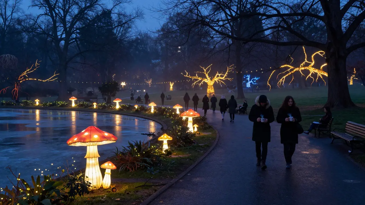 A quiet park path lit by glowing mushroom and firefly lanterns reflecting on frozen water at night.